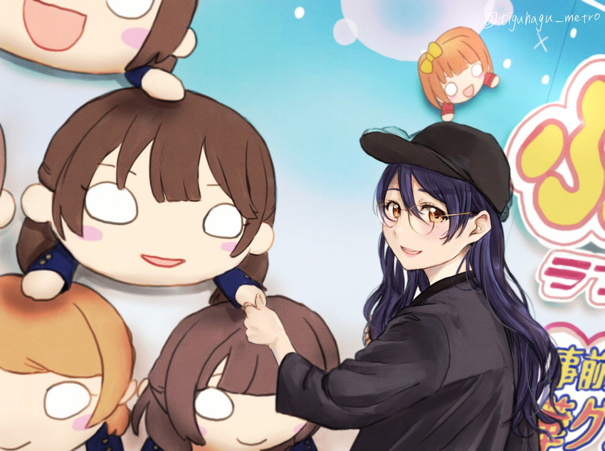 alternate_universe baseball_cap blue_hair commentary_request glasses hat long_hair looking_at_viewer love_live! love_live!_school_idol_project mimori_suzuko nesoberi open_mouth sonoda_umi suito upper_body yellow_eyes