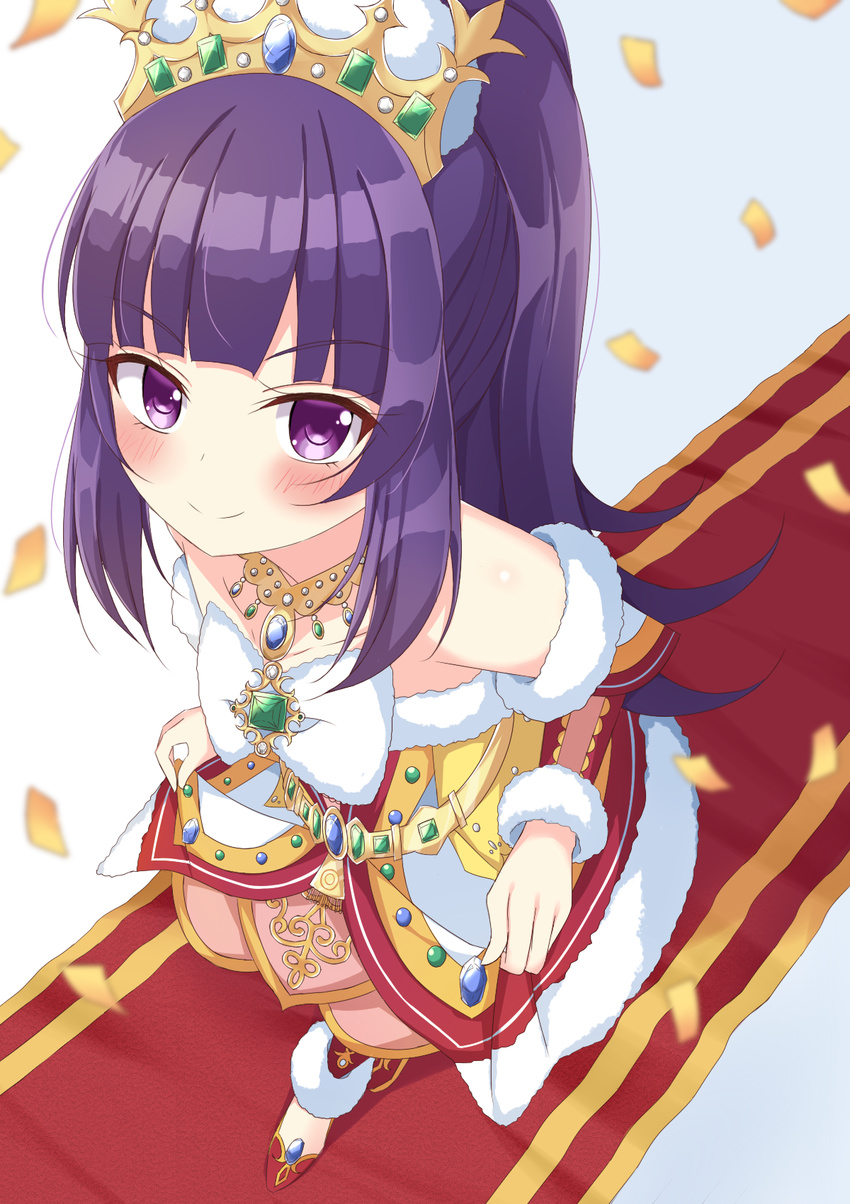 bangs blunt_bangs blush confetti detached_sleeves dress emerald eyebrows_visible_through_hair from_above full_body gem hanazono_shuuka highres idol_time_pripara jewelry long_hair looking_at_viewer meiji_(meizi493) necklace ponytail pretty_(series) pripara purple_eyes purple_hair red_carpet smile solo tiara walking