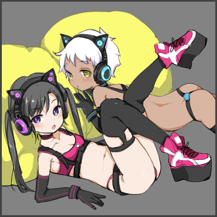 :o ass black_gloves black_hair black_legwear cat_ear_headphones commentary_request crop_top dark_skin elbow_gloves eyebrows_visible_through_hair gloves grey_background headphones highres legs_up long_hair looking_at_viewer mojarin_(kihara_mojarin) multiple_girls navel original pink_footwear platform_footwear purple_eyes short_hair simple_background sketch thighhighs twintails white_hair yellow_eyes