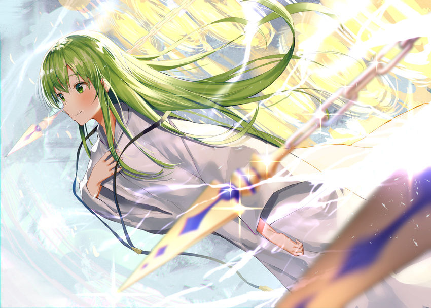 androgynous bangs black_neckwear blurry_foreground chain enkidu_(fate/strange_fake) enkidu_(weapon) fate/grand_order fate/strange_fake fate_(series) floating_hair gate_of_babylon green_eyes green_hair hand_on_own_chest light_blush long_hair long_sleeves looking_ahead robe smile sparkle white_robe wide_sleeves