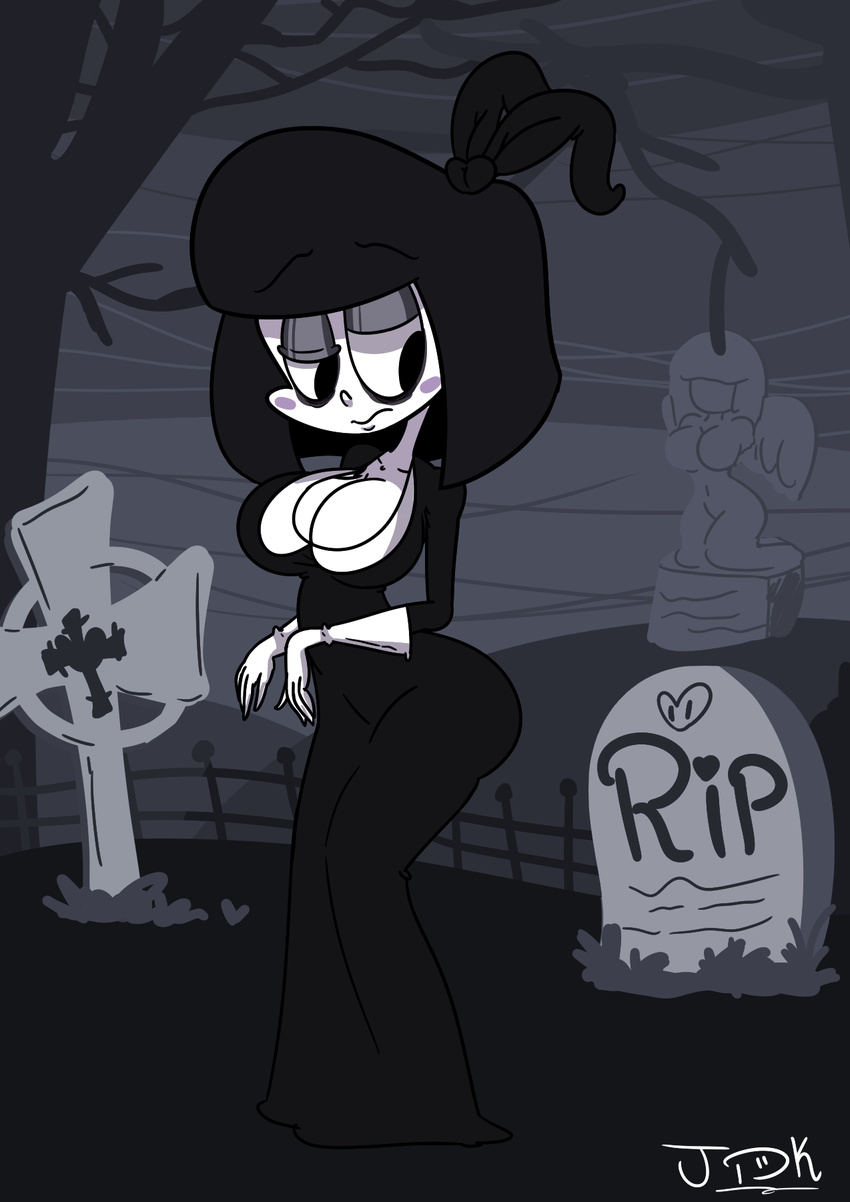 1girl black_dress black_eyes black_hair bob_cut breasts closed_mouth creepy_susie dress gothic graveyard jdk22-22 short_hair solo the_oblongs tombstone