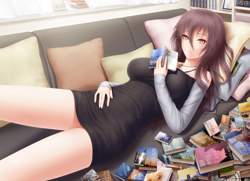 absurdres black_dress book book_stack breasts brown_eyes brown_hair clock closed_mouth couch curtains cushion day detached_sleeves digital_clock dress eyebrows_visible_through_hair hair_between_eyes highres holding holding_book indoors large_breasts light_smile long_hair long_sleeves looking_at_viewer lying masatoki number on_back open_book original sleeves_past_wrists solo very_long_hair window windowsill