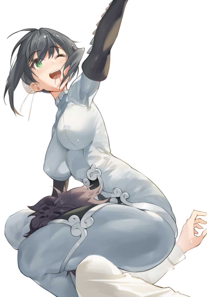 arm_up bangs black_hair bodysuit breasts bun_cover covered_nipples double_bun elbow_gloves erect_nipples fate/grand_order fate_(series) fujimaru_ritsuka_(male) gloves green_eyes hair_between_eyes hana_mori highres large_breasts one_eye_closed open_mouth qin_liangyu_(fate) sitting sitting_on_face sitting_on_person