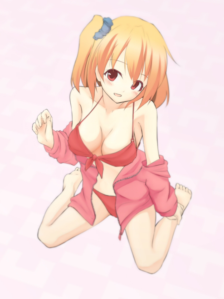 azukilib bangs bare_shoulders barefoot bikini blush breasts collarbone eyebrows_visible_through_hair female front-tie_bikini front-tie_top full_body hand_up happy highres jacket kagerou_project kisaragi_momo long_sleeves looking_at_viewer medium_breasts off_shoulder open_mouth orange_hair pink_background pink_jacket red_bikini red_eyes scrunchie short_hair side_ponytail simple_background sitting smile solo swimsuit tied_hair wariza