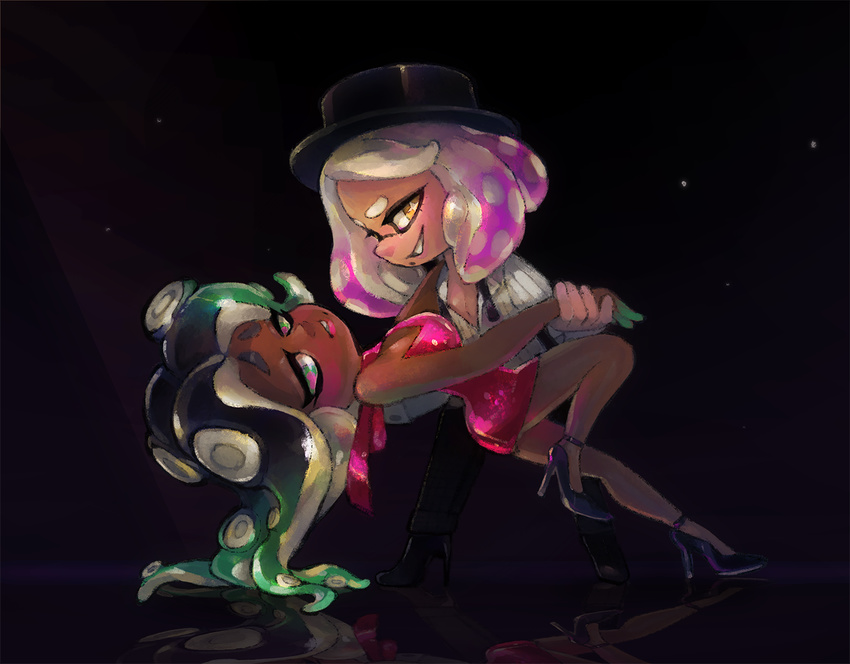 ava-riel cephalopod clothing dancing dark_skin duo female female/female hat hi_res humanoid inkling marina_(splatoon) marine nintendo not_furry octoling pearl_(splatoon) splatoon tentacle_hair tentacles video_games