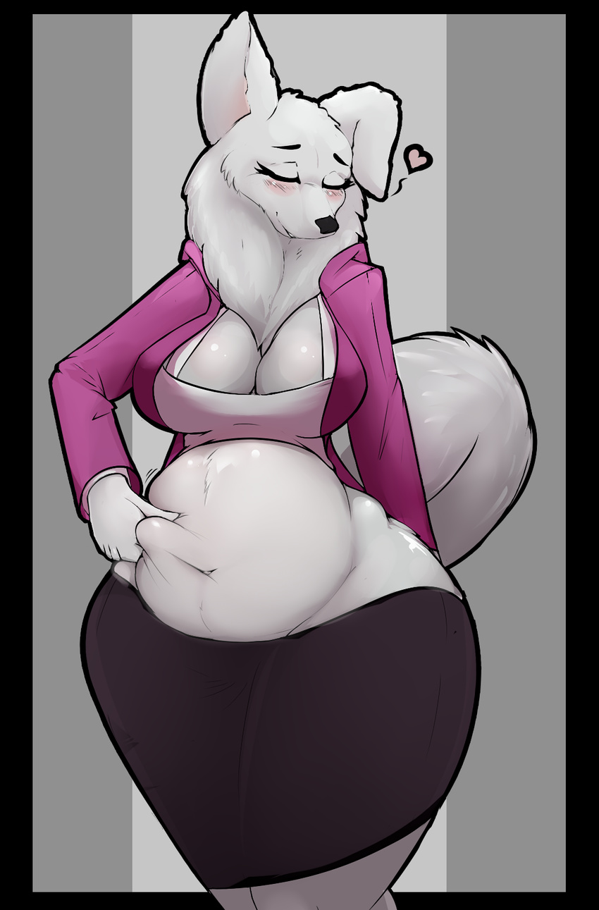 &lt;3 2018 anthro asaneman belly belly_grab belly_squish big_belly biped blush breasts canine clothed clothing deep_navel digital_media_(artwork) dog female fur mammal midriff ms_fluff navel samoyed skirt slightly_chubby solo thick_thighs voluptuous white_fur wide_hips