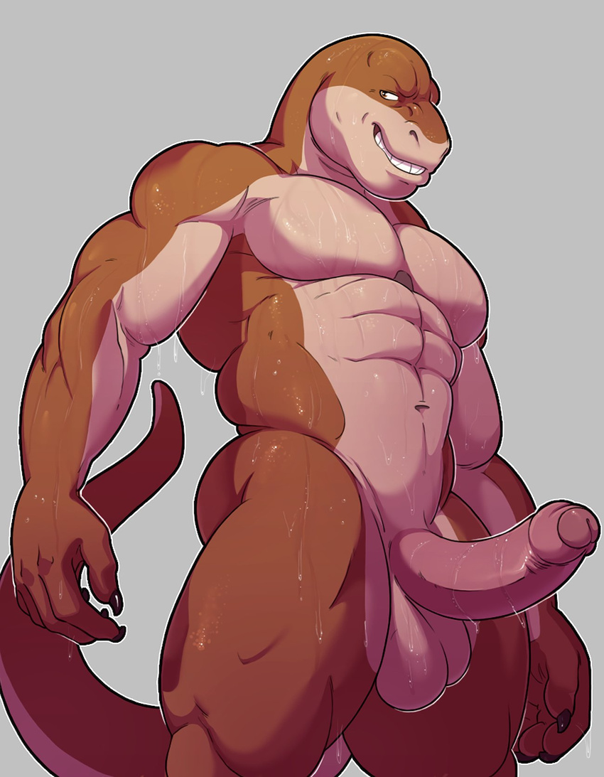 2017 5_fingers abs anthro balls biceps biped black_claws brown_eyes brown_scales brown_tail claws countershade_face countershade_tail countershade_torso countershading digital_media_(artwork) dinosaur erection foreskin front_view grey_background grin hi_res humanoid_penis knuxlight logan_sullivan long_tail looking_at_viewer male multicolored_scales multicolored_tail muscular muscular_male navel nude pecs penis pepsi_(fa) pink_penis portrait scales scalie simple_background smile solo standing tan_balls tan_countershading tan_scales tan_tail teeth theropod three-quarter_portrait two_tone_scales two_tone_tail tyrannosaurus_rex uncut wet