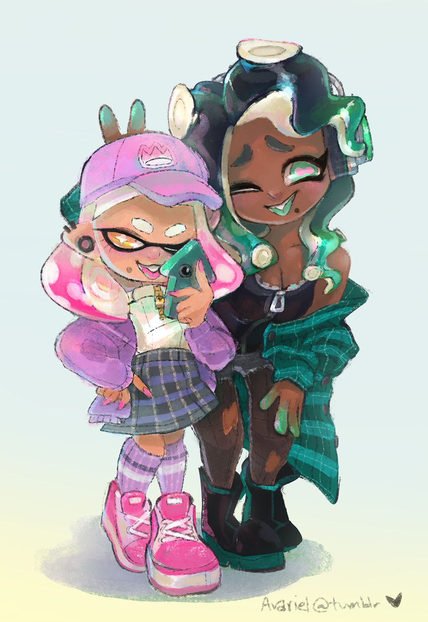 ava-riel cephalopod clothing dark_skin duo female hi_res humanoid inkling marina_(splatoon) marine nintendo not_furry octoling pearl_(splatoon) selfie splatoon tentacle_hair tentacles video_games