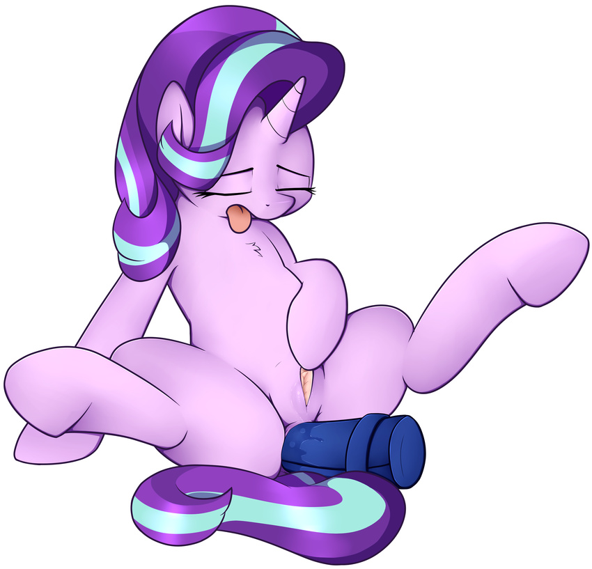 2017 anal anal_penetration anus dildo equine eyes_closed female feral friendship_is_magic hair hi_res horn mammal masturbation multicolored_hair my_little_pony neighday penetration pussy pussy_juice sex_toy simple_background solo spread_legs spreading starlight_glimmer_(mlp) tongue tongue_out toying_self two_tone_hair unicorn white_background