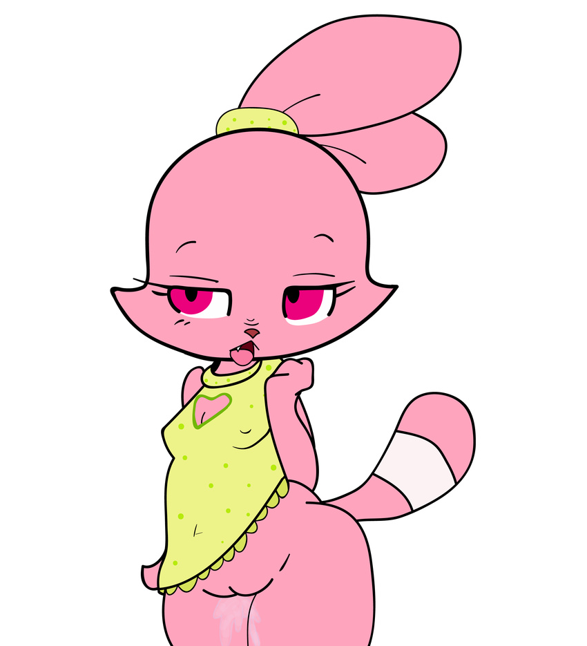 anthro bottomless chowder_(series) clothed clothing dripping fangs female fur hi_res hybrid lagomorph long_ears mammal open_mouth panini_(chowder) pink_eyes pink_fur pussy pussy_juice rabbit simple_background solo teeth vono wet yandini