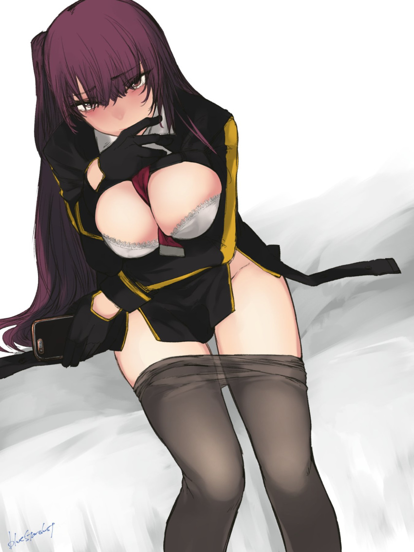 1girl arm_across_waist bangs between_breasts black_legwear black_skirt blazer blush bra breasts cellphone cleavage covering_mouth eyebrows_visible_through_hair from_above girls_frontline gloves hair_ribbon half_updo high-waist_skirt highres holding holding_phone jacket kojima_(blue_stardust) large_breasts lingerie long_hair looking_at_viewer necktie necktie_between_breasts one_side_up open_clothes open_shirt pantyhose pantyhose_pull phone purple_hair red_eyes red_neckwear ribbon shirt signature sitting skirt smartphone solo underwear very_long_hair wa2000_(girls_frontline) white_bra