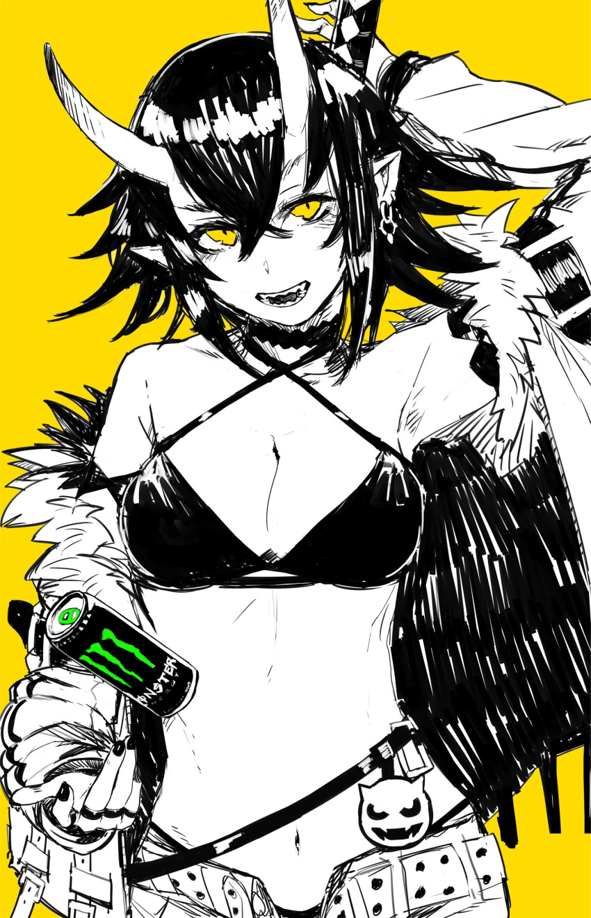 1girl armpits bangs bare_shoulders belt bra breasts choker commentary_request criss-cross_halter crossed_bangs earrings energy_drink fingernails greyscale hair_between_eyes halterneck hand_up highres horns jacket jewelry katana kumonji_aruto large_breasts looking_at_viewer monochrome monster_energy navel off_shoulder oni oni_horns open_clothes open_jacket open_mouth original panties pointy_ears short_hair simple_background sketch solo standing sword underwear weapon weapon_on_back yellow_background yellow_eyes