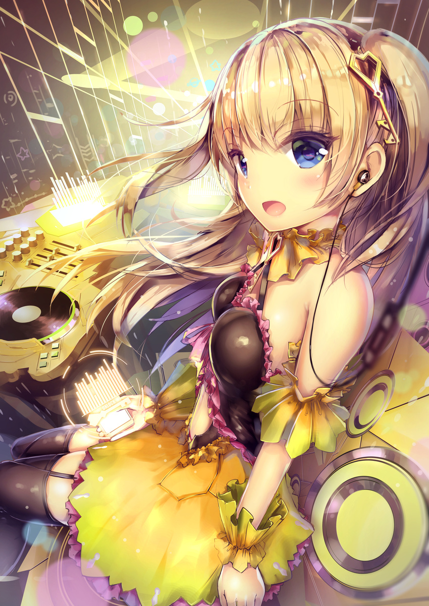 :d absurdres bare_shoulders black_legwear black_skirt blue_eyes blurry blurry_foreground blush breasts cellphone commentary_request depth_of_field garter_straps halterneck highres holding holding_cellphone holding_phone key_hair_ornament light_brown_hair long_hair looking_at_viewer looking_to_the_side medium_breasts missile228 navel open_mouth orange_skirt original phone phonograph sitting skirt smile solo star thighhighs turntable two_side_up very_long_hair wrist_cuffs