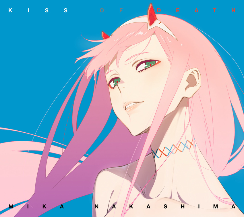 album_cover artist_name_(singer) blue_background choker cover darling_in_the_franxx english eyeliner face flat_color floating_hair green_eyes hairband head_tilt highres horns long_hair looking_at_viewer makeup nakashima_mika nishigori_atsushi nude official_art pink_hair solo white_hairband zero_two_(darling_in_the_franxx)