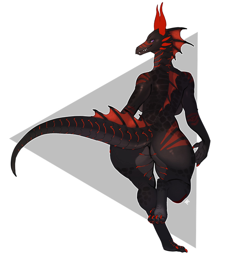 anthro breasts butt conditional_dnp dragon female fin horn markings purple_eyes savage scales scalie solo taihab