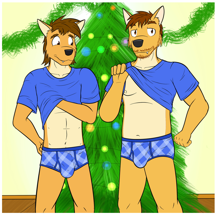 briefs bulge canine christmas christmas_tree clothing coyote duo father father_and_son fuze holidays inside mammal mond_reyes parent son story story_in_description texnatsu tree underwear