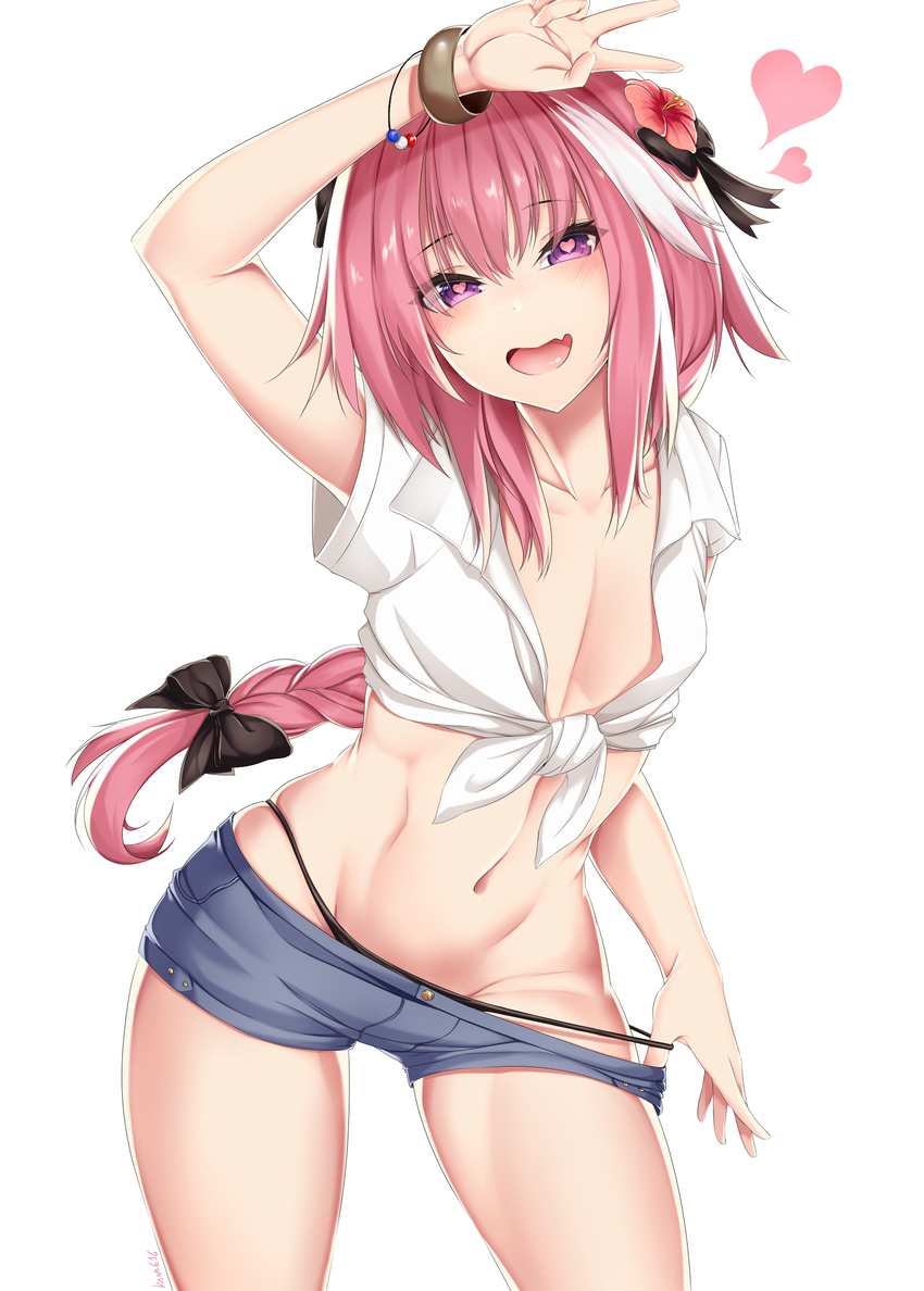 :d absurdres arm_up astolfo_(fate) bangs black_bow black_panties black_ribbon blue_shorts blush bow bracelet braid calligraphy_brush_(medium) chest collarbone collared_shirt commentary contrapposto cowboy_shot denim denim_shorts eyebrows_visible_through_hair fang fate/grand_order fate_(series) floating_hair flower graphite_(medium) groin hair_between_eyes hair_bow hair_flower hair_ornament hair_ribbon half-closed_eyes heart heart-shaped_pupils hibiscus highres jewelry kana616 long_hair looking_at_viewer male_focus midriff multicolored_hair navel open_mouth otoko_no_ko panties panty_pull pectorals pink_hair purple_eyes red_flower ribbon shiny shiny_hair shirt short_shorts short_sleeves shorts signature simple_background single_braid skindentation smile solo spanish_commentary standing stomach streaked_hair symbol-shaped_pupils tied_shirt traditional_media underwear v very_long_hair white_background white_hair white_shirt