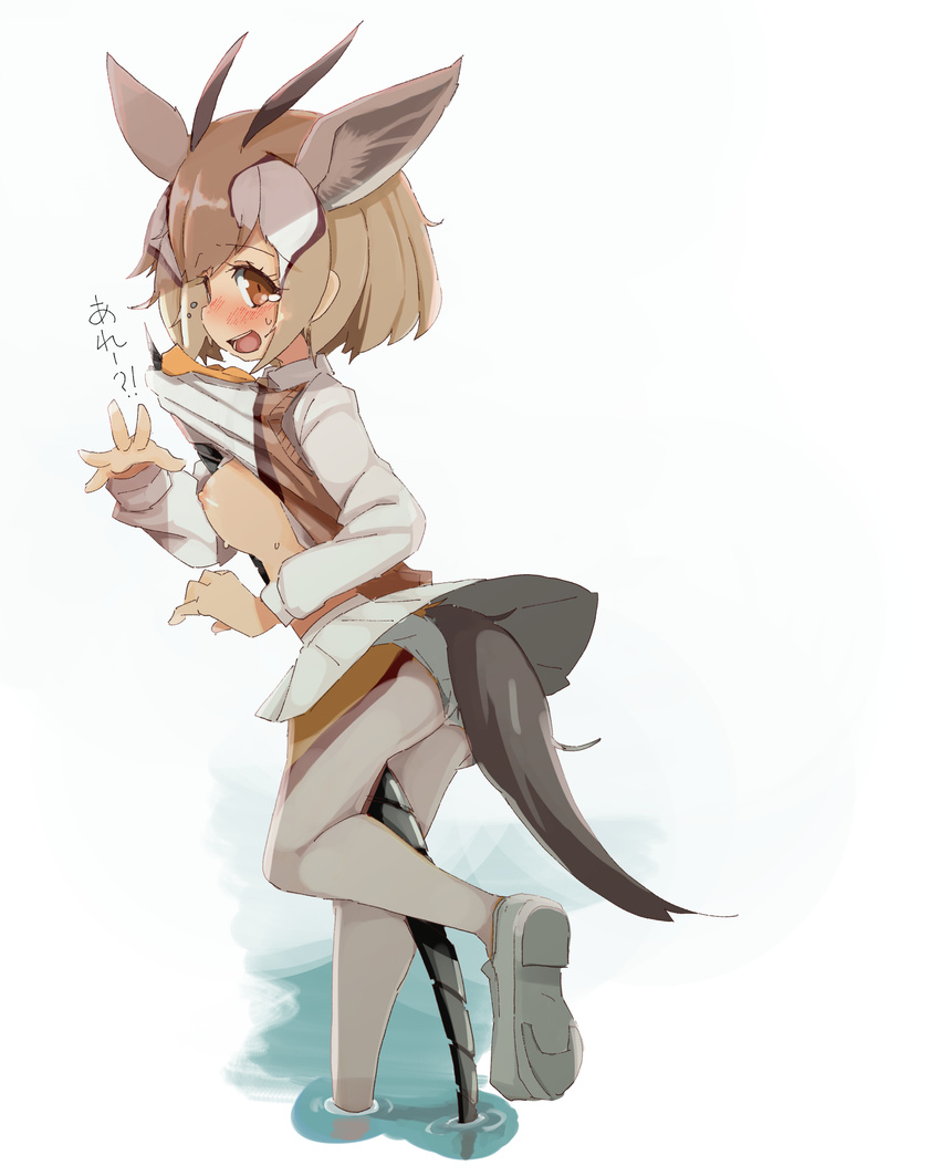 ahoge animal_ears blush brown_eyes brown_hair brown_legwear extra_ears from_side full_body gazelle_ears gazelle_horns gazelle_tail highres horns kemono_friends long_sleeves looking_at_viewer miniskirt multicolored multicolored_clothes multicolored_hair multicolored_legwear panties panties_over_pantyhose pantyhose pantyshot pantyshot_(standing) pleated_skirt polearm shirt_lift short_hair simple_background skirt solo spear standing standing_on_one_leg sweatdrop tail tears teranekosu thomson's_gazelle_(kemono_friends) underwear wading weapon white_background white_footwear white_hair white_legwear white_skirt