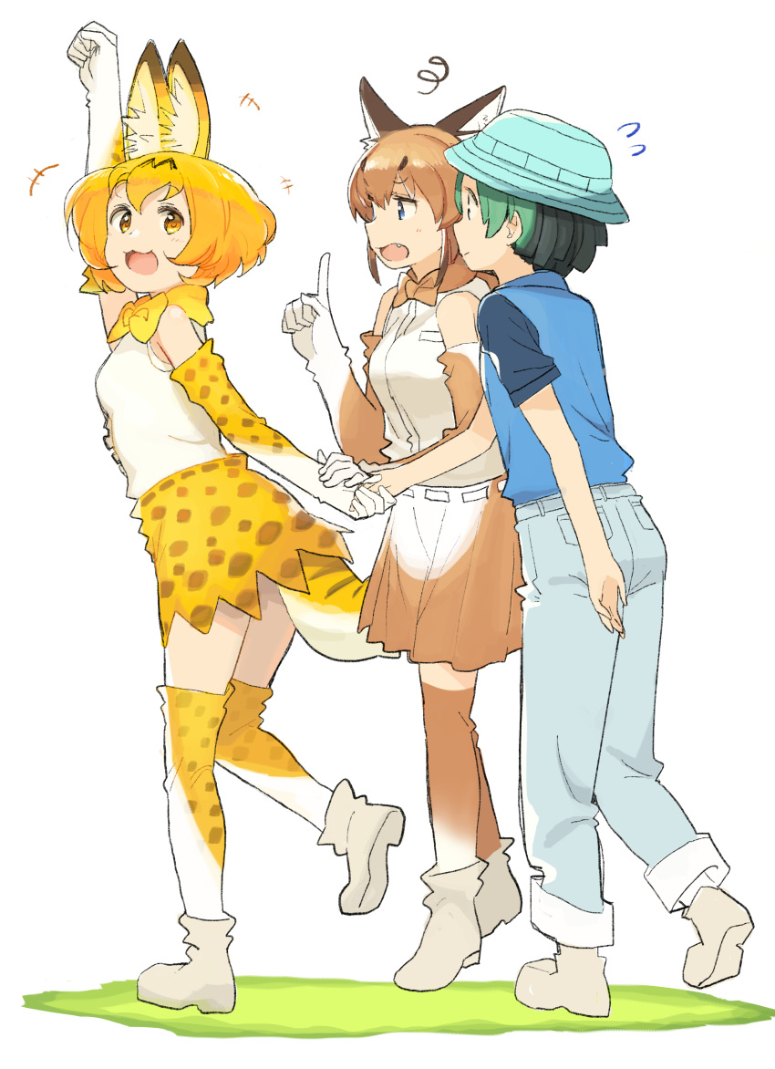 3girls :3 absurdres animal_ear_fluff animal_ears arm_up blonde_hair blue_eyes blue_vest boots bow bowtie caracal_(kemono_friends) caracal_ears elbow_gloves eyebrows_visible_through_hair fang flying_sweatdrops gloves green_hair hand_holding hat high-waist_skirt highres index_finger_raised kasa_list kemono_friends kyururu_(kemono_friends) light_brown_hair looking_at_another looking_back motion_lines multicolored_hair multiple_girls open_mouth pants pants_rolled_up print_gloves print_skirt serval_(kemono_friends) serval_ears serval_print serval_tail shirt short_hair short_sleeves skirt sleeveless sleeveless_shirt squiggle standing striped_tail tail thighhighs two-tone_hair vest yellow_eyes