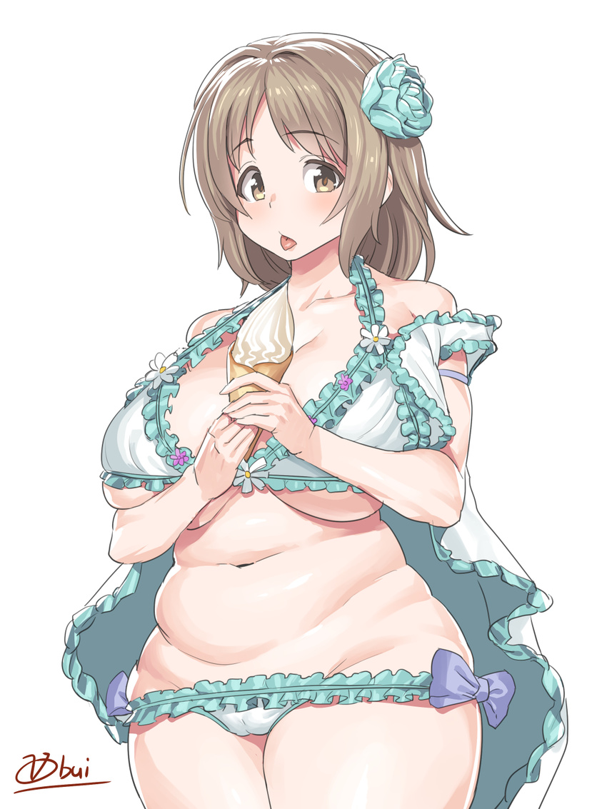 :p artist_name bare_shoulders belly blue_flower breasts brown_eyes brown_hair camisole dessert fat flower food hair_flower hair_ornament highres huge_breasts idolmaster idolmaster_cinderella_girls lingerie long_hair looking_at_viewer mimura_kanako navel obui panties plump signature simple_background solo thick_thighs thighs tongue tongue_out underboob underwear white_background