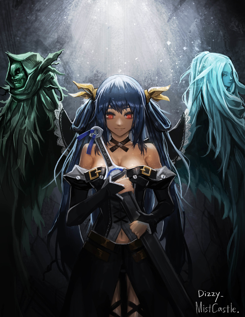 absurdres artist_name bare_shoulders black_shirt black_skirt blue_hair breasts character_name cleavage closed_mouth detached_sleeves dizzy guilty_gear guilty_gear_xrd hair_ribbon highres holding holding_sword holding_weapon long_hair medium_breasts mistcastle navel necro_(guilty_gear) red_eyes ribbon sheath sheathed shirt skirt sleeves_past_wrists smile standing sword twintails undine_(guilty_gear) very_long_hair weapon wings yellow_ribbon