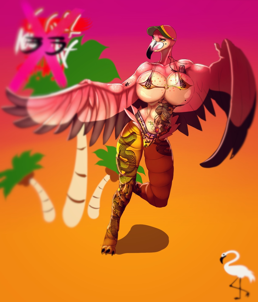 anthro avian big_breasts bikini bird breasts clothing copycatz_(artist) female flamingo hat solo standing swimsuit tattoo voluptuous wide_hips wings