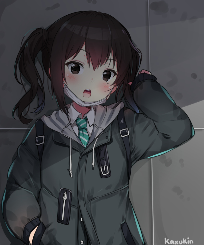 1girl :o artist_name bangs black_jacket blush brown_eyes brown_hair collared_shirt commentary_request drawstring green_neckwear hand_in_pocket hand_up hey_xander highres hood hood_down hooded_jacket idolmaster idolmaster_cinderella_girls jacket long_hair long_sleeves looking_at_viewer mask_pull mole mole_under_eye necktie open_mouth shade sharp_teeth shirt sidelocks sleeves_past_wrists solo striped striped_neckwear sunazuka_akira surgical_mask teeth twintails upper_body upper_teeth wavy_hair white_shirt