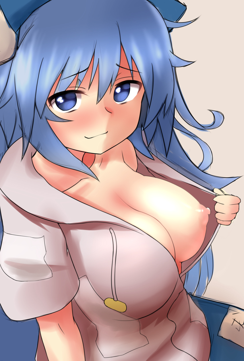 blue_bow blue_eyes blue_hair blue_skirt blush bow breasts closed_mouth hair_bow highres hood hoodie large_breasts long_hair looking_at_viewer nipples no_bra shiny_shinx simple_background skirt smile solo touhou yorigami_shion