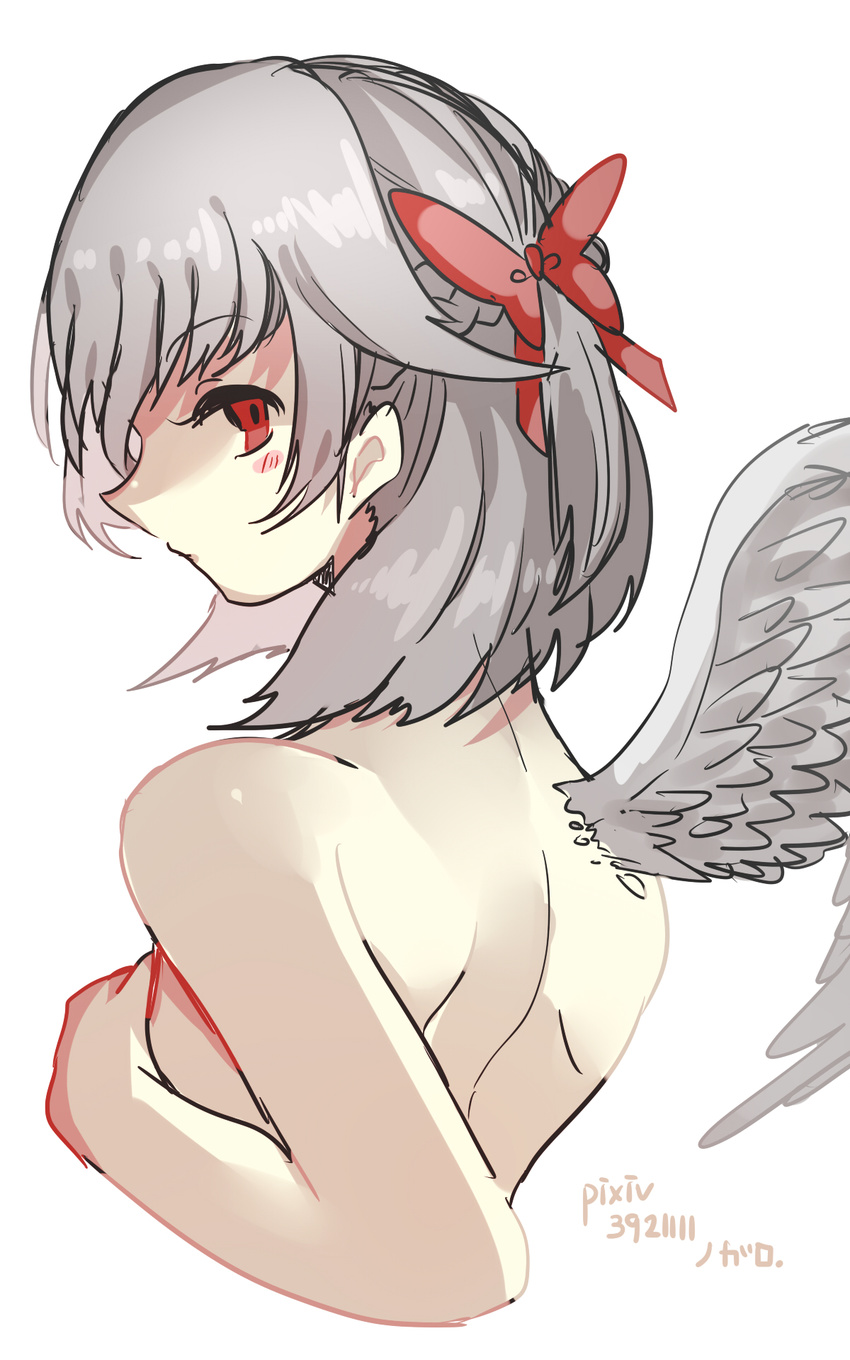 artist_name asuku_(69-1-31) back bangs blush braid covering covering_breasts eyebrows eyebrows_visible_through_hair eyelashes feathered_wings feathers french_braid from_behind hair_ribbon highres kishin_sagume nude pixiv_id red_eyes red_ribbon ribbon short_hair silver_hair silver_wings simple_background single_braid single_wing solo touhou upper_body white_background wings