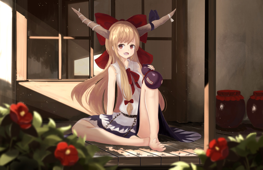 bare_legs barefoot bow brown_hair day fang flower full_body gourd hair_bow horns ibuki_suika jar knee_up looking_at_viewer miniskirt open_mouth outdoors red_bow red_eyes shirt sitting skirt sleeveless sleeveless_shirt smile solo touhou white_shirt yukitourou