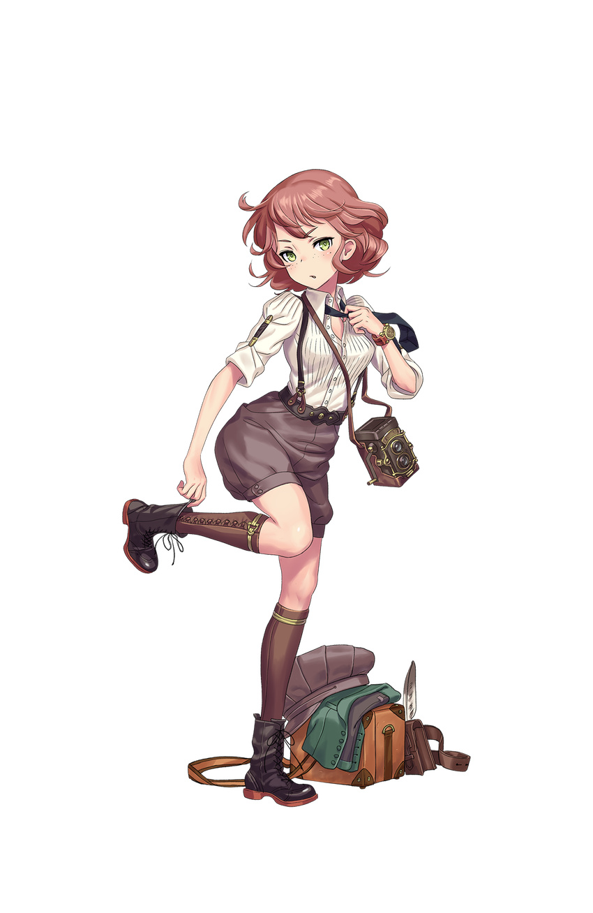 belt black_footwear black_neckwear boots brown_hat brown_legwear camera cathy_higgins changing_clothes feathers freckles full_body green_eyes hat hat_removed headwear_removed highres looking_at_viewer medium_hair necktie official_art princess_principal princess_principal_game_of_mission red_hair shorts solo standing suspenders transparent_background twin-lens_reflex_camera vest vest_removed watch wristwatch