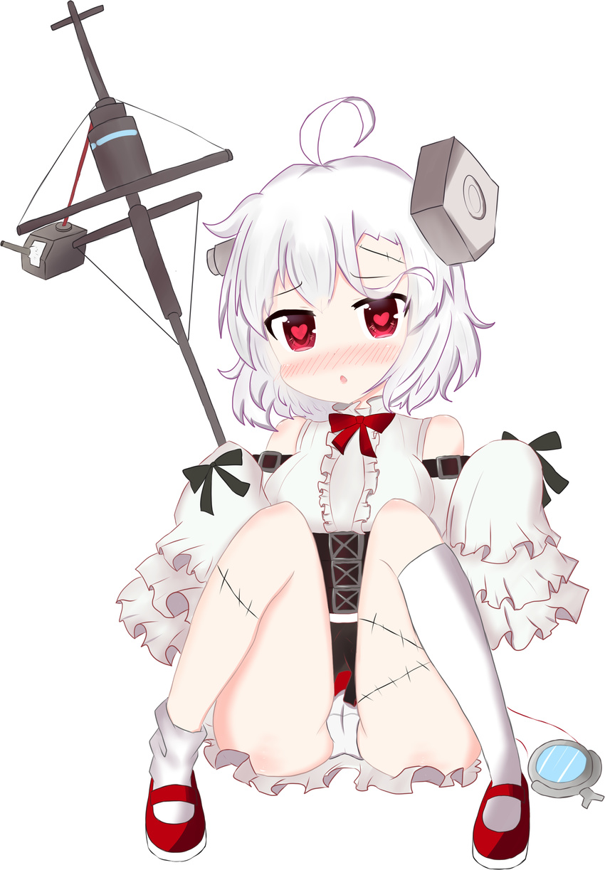 absurdres ahoge azur_lane bailingxiao_jiu bangs bare_shoulders black_skirt blush bolt bow bowtie breasts cameltoe center_frills commentary_request detached_sleeves eyebrows_visible_through_hair frills full_body hair_between_eyes hands_up heart heart-shaped_pupils high-waist_skirt highres kneehighs long_sleeves looking_at_viewer mary_janes medium_breasts nose_blush panties parted_lips pleated_skirt red_eyes red_footwear red_neckwear shirt shoes silver_hair simple_background single_kneehigh single_sock sitting skirt sleeveless sleeveless_shirt sleeves_past_fingers sleeves_past_wrists socks solo stitches symbol-shaped_pupils terror_(azur_lane) thighs underwear white_background white_legwear white_panties white_shirt