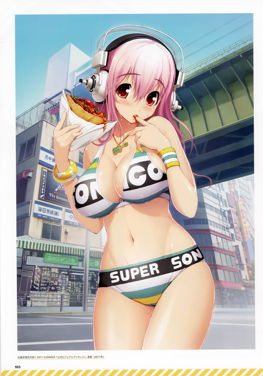 absurdres akihabara_(tokyo) bangs bare_shoulders bikini blush bracelet breasts building cameltoe cleavage clothes_writing day eating eyebrows_visible_through_hair finger_to_mouth fingernails food groin headphones highres holding jewelry large_breasts long_hair looking_at_viewer navel necklace nitroplus page_number print_bikini real_world_location red_eyes road scan shop sideboob sky solo star star_print street striped sucking super_sonico sweat sweatdrop swimsuit tokyo_(city) tsuji_santa