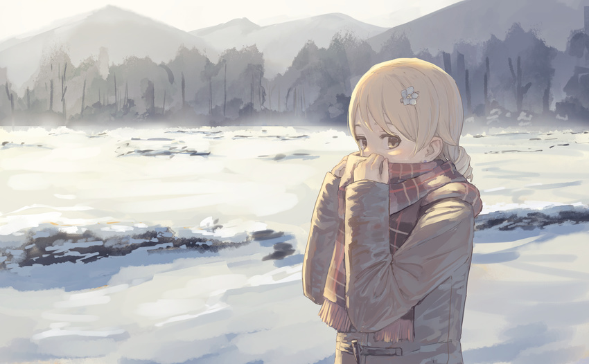 bionekojita brown_eyes coat commentary drill_hair earrings flower hair_flower hair_ornament highres idolmaster idolmaster_cinderella_girls jewelry light_brown_hair looking_at_viewer morikubo_nono mountain outdoors scarf scarf_grab scarf_over_mouth scenery short_hair snow solo stud_earrings tree upper_body winter winter_clothes winter_coat