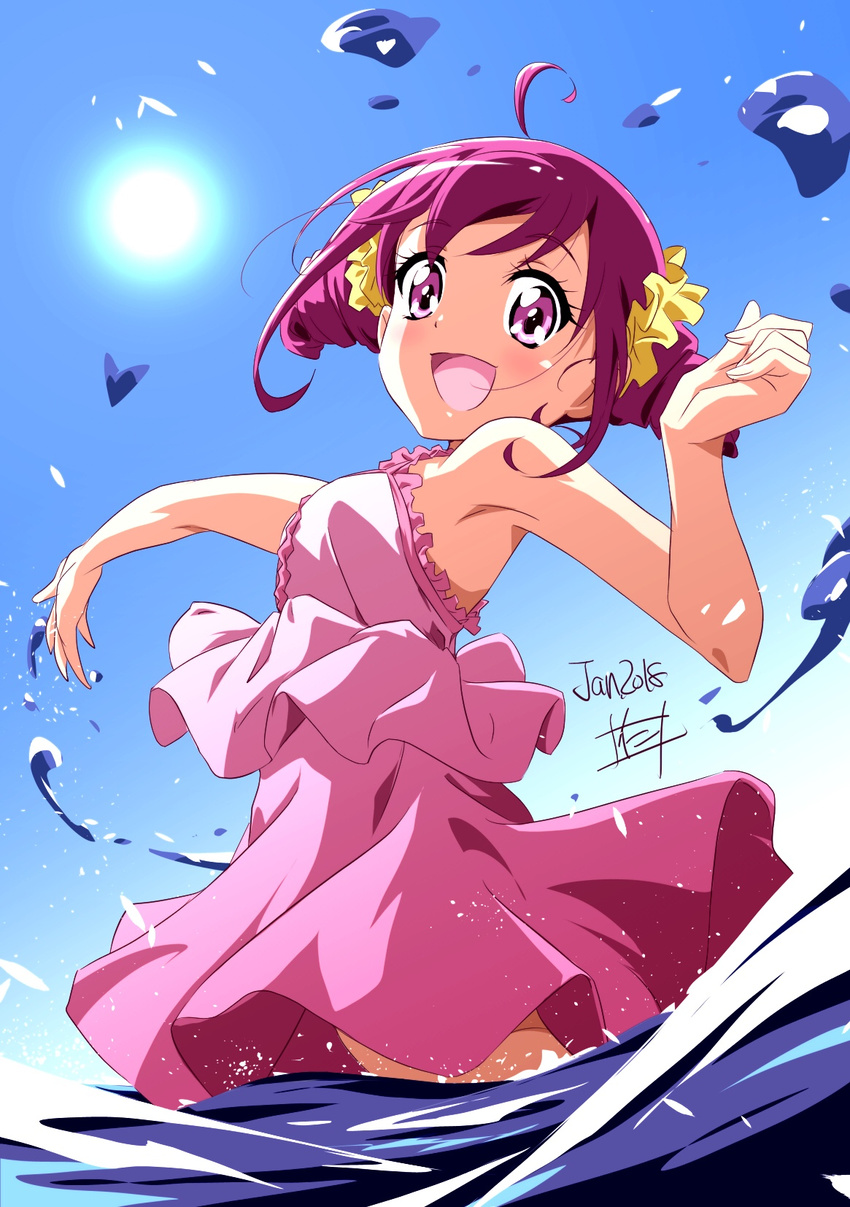 2018 :d ahoge blue_sky dated day double_bun highres hoshizora_miyuki looking_at_viewer nii_manabu open_mouth outstretched_arm pink_eyes pink_hair precure short_hair sky sleeveless smile smile_precure! solo sun wading water