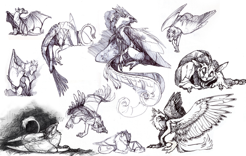 ambiguous_gender angry avian beak black_and_white canine claws crouching dragon ear_piercing feathered_wings feathers feral flying group gryphon happy jumping looking_at_viewer looking_back lying mammal membranous_wings monochrome multiple_poses multipleimages novawuff open_mouth piercing pose relaxing sad scalie silly simple_background sitting sketch spread_wings standing tail_featheres tail_feathers tail_tuft toe_claws tongue tongue_out tuft western_dragon white_background wings wolf