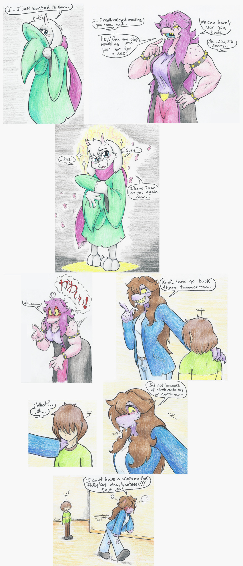 &lt;3 2018 anthro blush breasts caprine cleavage clothed clothing deltarune dialogue digital_media_(artwork) english_text eyewear female flicker-show freckles fur glasses goat hair hat hi_res human kris_(deltarune) male mammal ralsei reptile scalie scarf simple_background smile susie_(deltarune) teeth text tsundere video_games white_fur young
