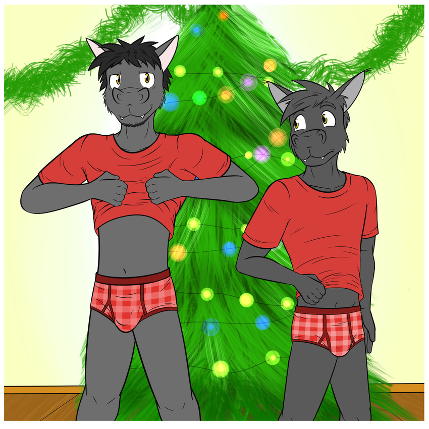 bat briefs brown_eyes bulge christmas christmas_tree clothing duo facial_hair father father_and_son fuze goatee holidays inside kenta_yamashita mammal parent red_shirt red_underwear shirt son story story_in_description t-shirt texnatsu tree underwear yellow_eyes