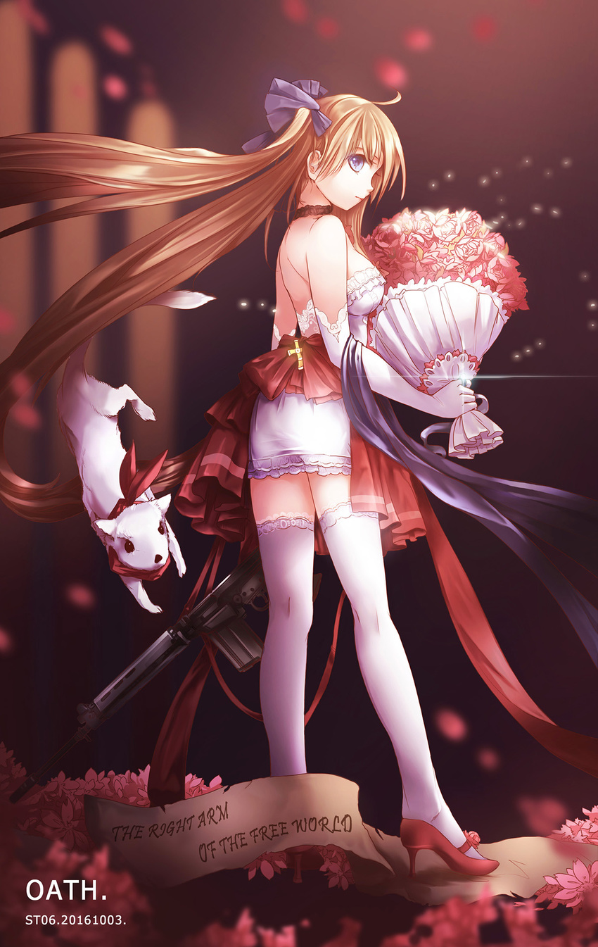ahoge animal artist_name bangs bare_back bare_shoulders battle_rifle blonde_hair blue_eyes bouquet bow bride choker commentary_request dated dress elbow_gloves fal_(girls_frontline) flower fn_fal full_body girls_frontline gloves gun hair_bow high_heels highres jewelry lace lace_choker lace_trim long_hair petals red_flower red_footwear rifle ring scarf shadow shoe_flower side_ponytail sidelocks solo st06 standing strapless strapless_dress thighhighs very_long_hair weapon wedding_band wedding_dress white_dress white_gloves white_legwear zettai_ryouiki