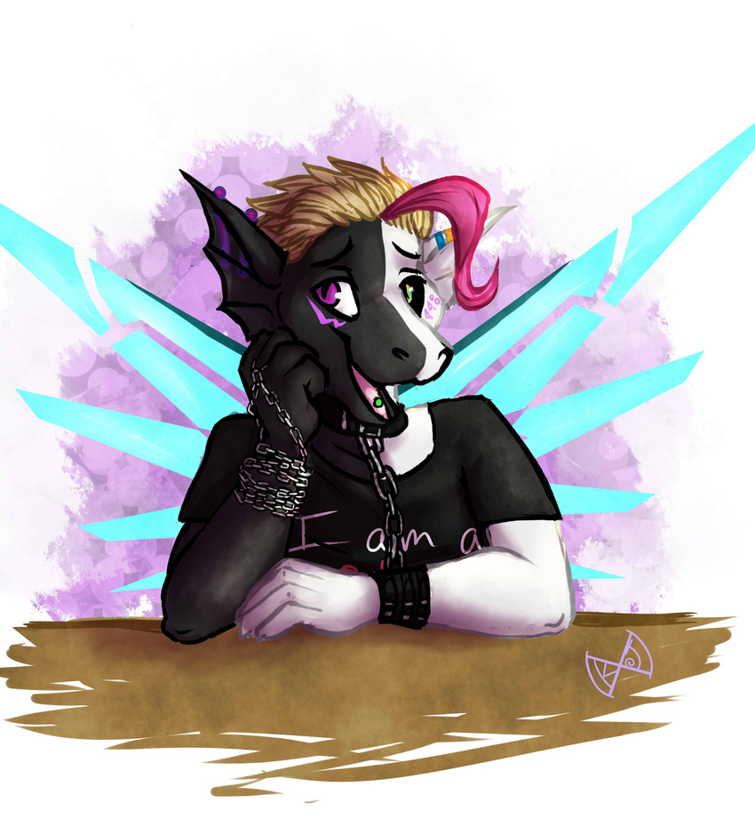 anthro black_and_white black_sclera blonde_hair claws collar copiright:duality448 dragon duality duality448 hair kaotikjuju male monochrome piercing pink_hair purple_eyes rainbow_eye split_pupil