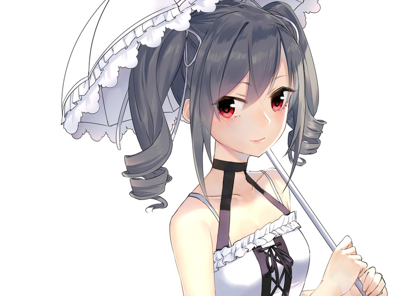 bare_shoulders black_ribbon blush breasts cleavage collarbone dress drill_hair frilled_dress frills grey_hair hair_between_eyes hair_ribbon halter_dress highres holding holding_umbrella idolmaster idolmaster_cinderella_girls jun_project kanzaki_ranko long_hair parasol red_eyes ribbon simple_background sleeveless sleeveless_dress small_breasts solo twin_drills twintails two-handed umbrella upper_body white_background white_dress white_ribbon