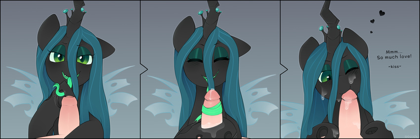 &lt;3 2016 changeling crown cum cum_on_face erection fellatio female feral friendship_is_magic green_eyes green_hair hair horn insect_wings interspecies long_tongue looking_at_viewer male male/female mammal membranous_wings my_little_pony oouichi oral penis queen_chrysalis_(mlp) sex smile tongue tongue_out tonguejob uncut wings