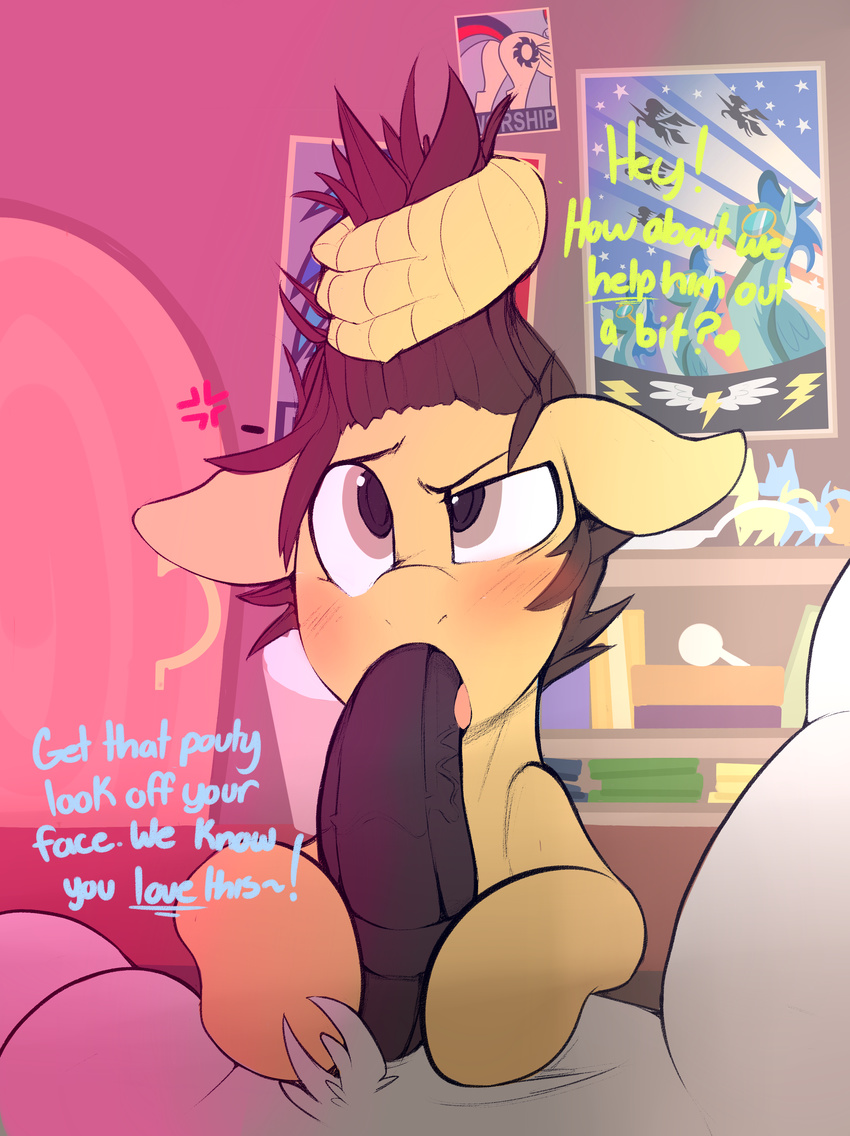 avian blush dialogue english_text equine erection fellatio feral group gryphon hi_res horse kribbles kribbles_(character) male male/male mammal my_little_pony oral penis pony pulling_hair sex text