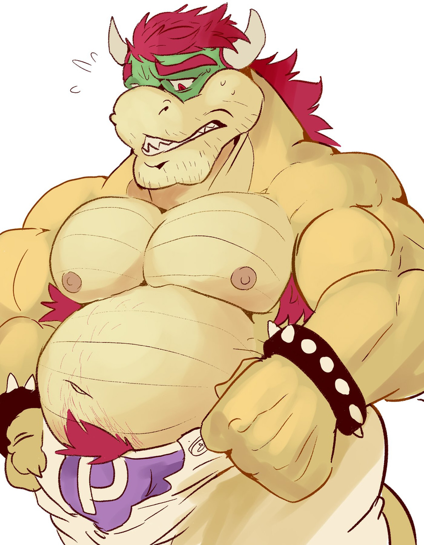 2017 5_fingers anthro armpit_hair belly biceps body_hair bowser bracelet bulge claws clothed clothing hair happy_trail horn jewelry koopa male mario_bros musclegut muscular muscular_male navel nintendo nipples open_pants pants pecs pubes purple_underwear red_eyes red_hair scales scalie shobo simple_background slightly_chubby solo spiked_armlet sweat teeth topless torn_clothing torn_pants underwear video_games white_background yellow_scales