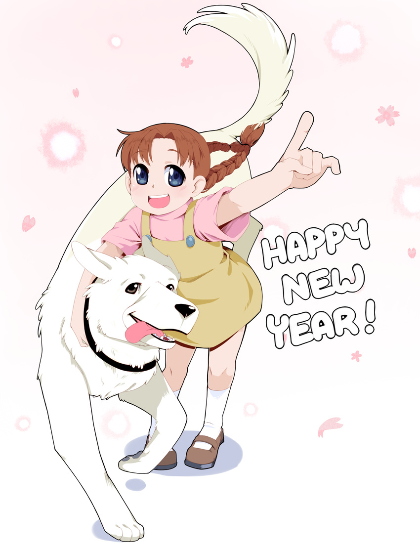 2018 alexander_(fma) blue_eyes braid brown_hair chinese_zodiac commentary dog english english_commentary fullmetal_alchemist happy_new_year highres mary_janes new_year nina_tucker open_mouth shoes smile techsupportdog thick_outlines twin_braids year_of_the_dog