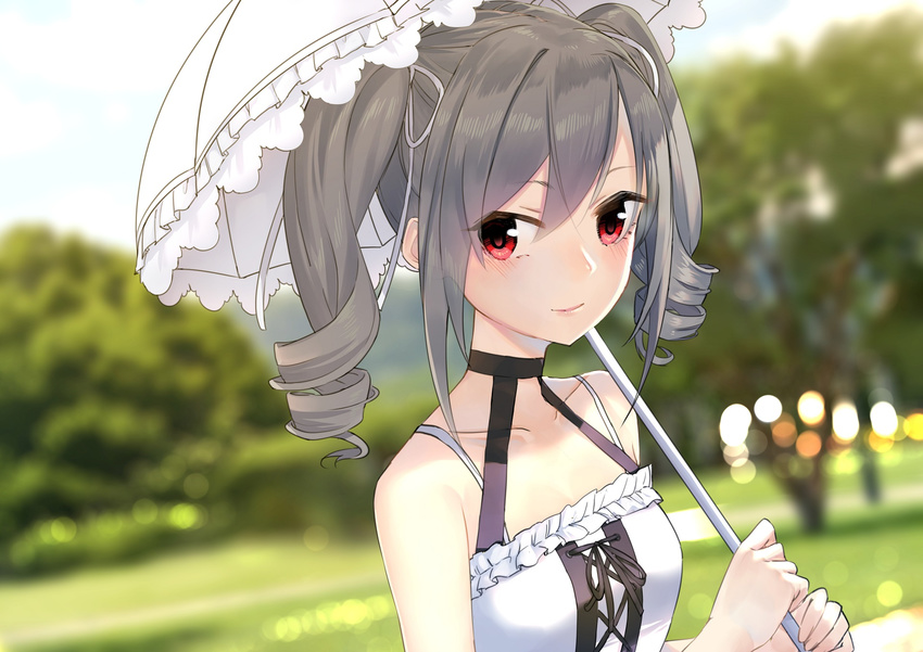 bare_shoulders black_ribbon blurry blurry_background blush bokeh breasts cleavage collarbone day depth_of_field dress drill_hair frilled_dress frills grey_hair hair_between_eyes hair_ribbon halter_dress highres holding holding_umbrella idolmaster idolmaster_cinderella_girls jun_project kanzaki_ranko long_hair parasol red_eyes ribbon sleeveless sleeveless_dress small_breasts solo twin_drills twintails two-handed umbrella upper_body white_dress white_ribbon