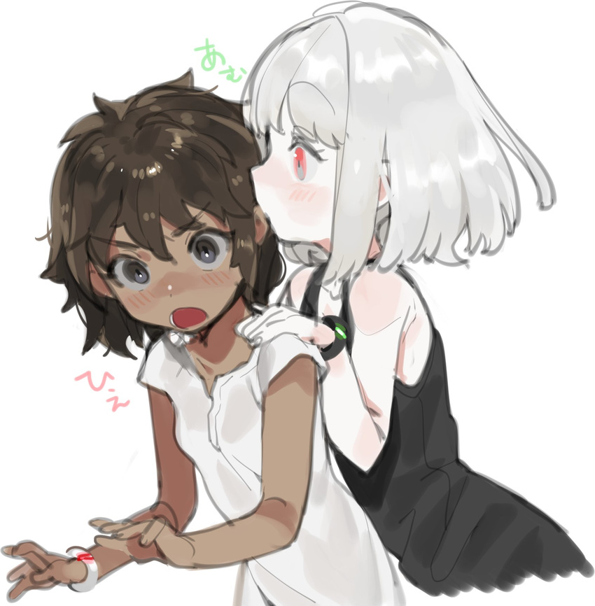 :o albino bare_shoulders black_eyes black_shirt blush bracelet brown_hair commentary_request dark_skin ear_licking highres interracial jewelry licking looking_at_viewer multiple_girls ohisashiburi open_mouth original red_eyes shirt short_hair silver_hair simple_background sleeveless sleeveless_shirt surprised translated white_background white_shirt wide-eyed yuri