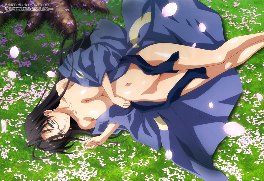 absurdres antenna_hair black_hair blush breasts cherry_blossoms cleavage glasses grass green_eyes hasegawa_chisato highres japanese_clothes kimono large_breasts long_hair looking_at_viewer lying megami morimae_kazuya navel nude official_art on_back open_clothes open_kimono outdoors parted_lips red-framed_eyewear scan semi-rimless_eyewear shinmai_maou_no_testament shiny shiny_hair shiny_skin smile solo teeth tree