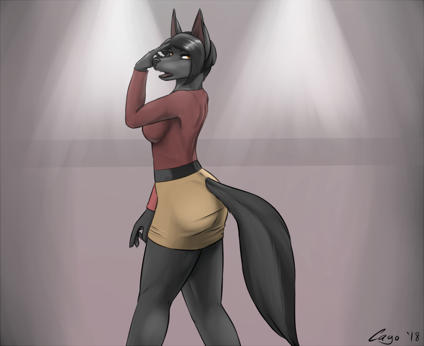 2018 anaya anthro athletic black_fur black_hair breasts brown_eyes butt canine cayo clothed clothing digital_media_(artwork) female fur hair jackal long_sleeves looking_at_viewer mammal medium_breasts miniskirt open_mouth sharp_teeth shirt short_hair simple_background skirt solo standing teeth