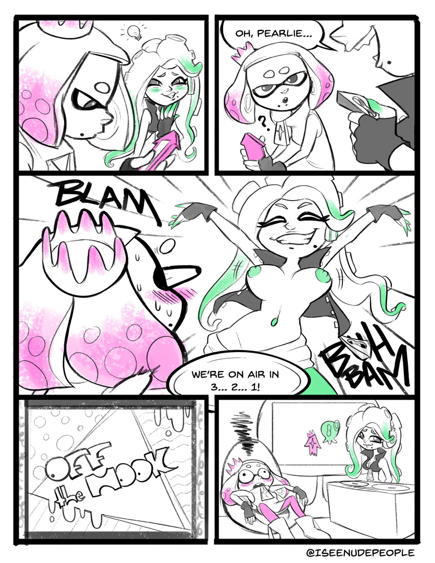 absurd_res beauty_mark blush boots breasts cephalopod clothing comic crown dialogue duo english_text fangs female fingerless_gloves flashing footwear gloves headphones hi_res humanoid inkling iseenudepeople jacket marina_(splatoon) marine mask naughty_face navel nintendo nipples not_furry octoling pearl_(splatoon) shocked sitting smile splatoon surprise tentacle_hair tentacles text video_games